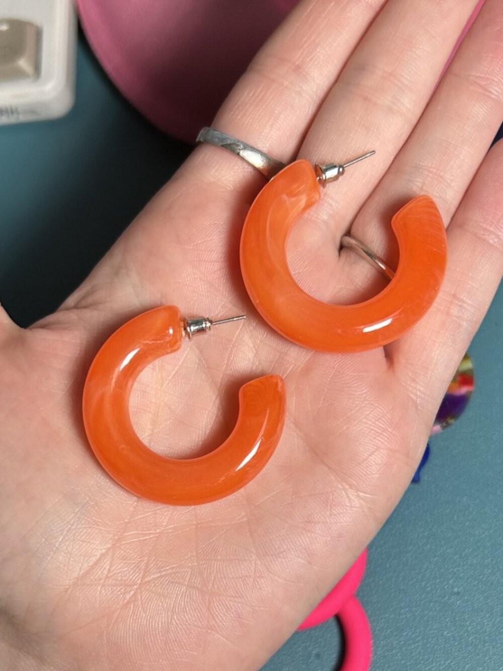 Orange Lucite Hoop Earrings Chunky Retro Acrylic Statement Hoops